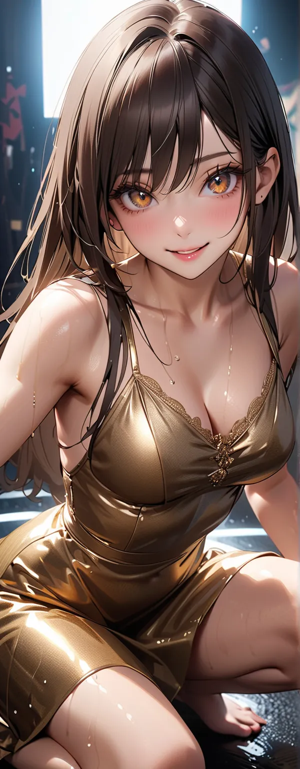  straight hair 、brown hair,((highly detailed golden sexy dress)), Good physique , (beautiful girl: 1.3),1 girl crouching,Best Quality,8k, Very Detailed CG Unit Wallpaper,masterpiece:1.2,Best Quality, Ultra High Resolution ,RAW photo,realistic textured skin...