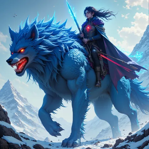 (surreal) (best detail) (Best HD, long flowing hair, , wearing a blue fire element effect cape, holding twin swords in his hands red fire element coming from the boy's sword, the boy is sitting on the back of a huge humanoid creature like a wolf with a hug...