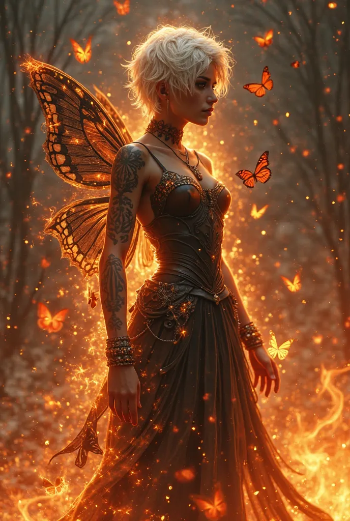 Create a black fire fairy surrounded by flames with eyes burning in flames and the flaming azas of butterflies around a circle She is a fairy-man with short white hair and dark brown skin with a tattoo on her arm 