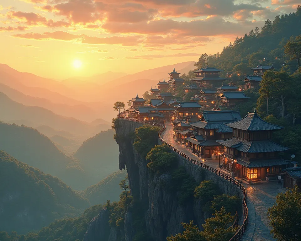 Golden hour overlooking a large Japanese village that is on top of a plateau thats also on top of a cliff (camera facing away from the sun)