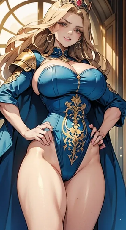 Mucha style female bodybuilder),(massive female bodybuilder),(big breasted women),(full view),(sexy poses), (Muscular:3), (thick thighs:3),(masterpiece, best quality),  intricate details,
1girl,  squeenp,  blonde hair, blue eyes, crown, 
 shaded face,  loo...