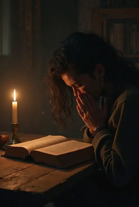 Person praying and reading bible on table with lamp
