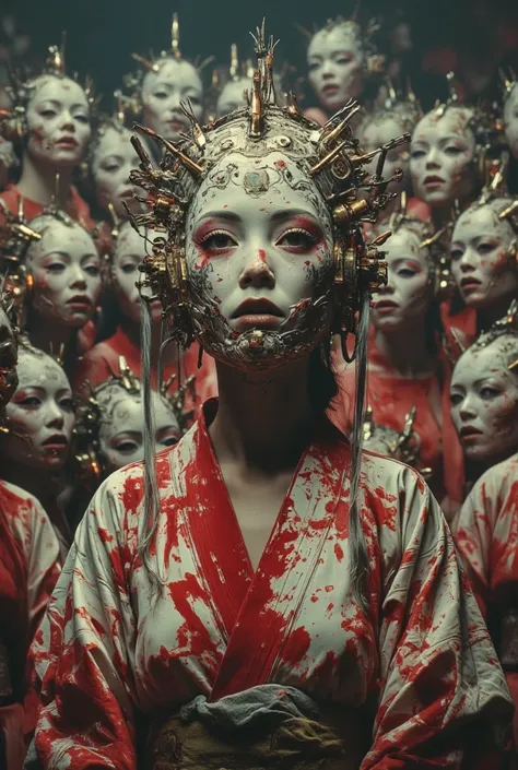 cinematographic photograph using rule of thirds and composition on planes Photo 3 / 4 takes over the entire body , A bloodstained Japanese Kabuki mask features components simulating electronic applications，circuitry, gold and silvering wiring, fibre optic ...