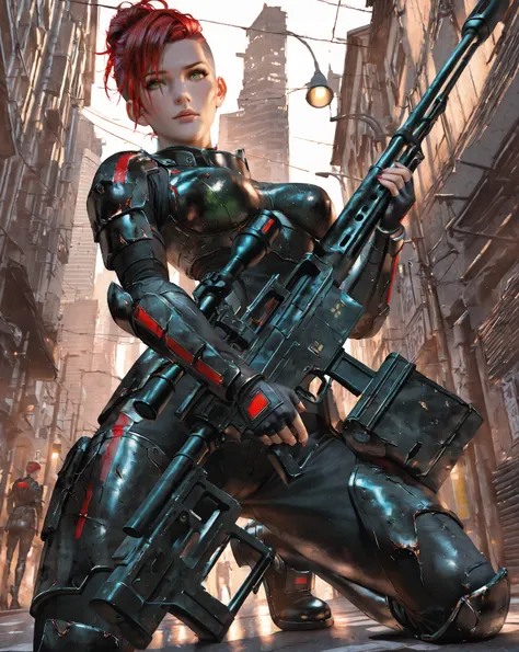 Photograph, photorealistic, 1woman, solo, femshepxl, crimson hair, messy bun hairstyle, (undercut hairstyle:1.32), emerald green eyes, (black and red) N7 armour, damaged armour, medium breasts, ((all-black) anti-materiel rifle:1.22), shooting from kneeling...