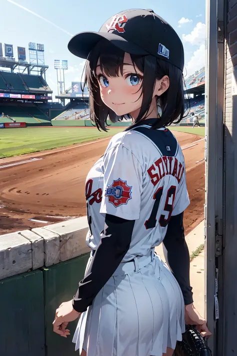 (2 girls), (Best Quality), masterpiece,  aosiai123 ,  Bright Eyes ,   very big eyes, eye focus,Character focus, well-groomed face, textured skin, Sleeves Over Wrist, ((Baseball stadium spectator seats)), Supporting, white and blue skirt, viewers, Blue base...