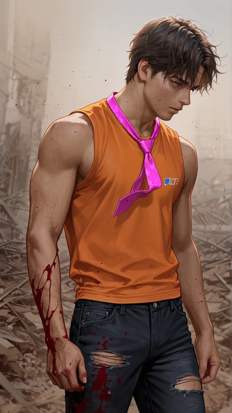 man in a sleeveless ripped and broken and tattered  orange polo shirt and ripped and ripped  and loose bright pink necktie and black jeans  covered in blood,dead