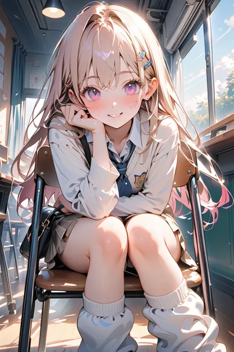  1giri, fullbody shot, from below, low angle view, sitting on chair, classroom, (loose socks pull down),  sweat, blush, jitome smile, finger on loose socks,   (best quality, masterpiece, Impressionism, high score,  GREAT SCORE, ultra detailed, absurdres, a...