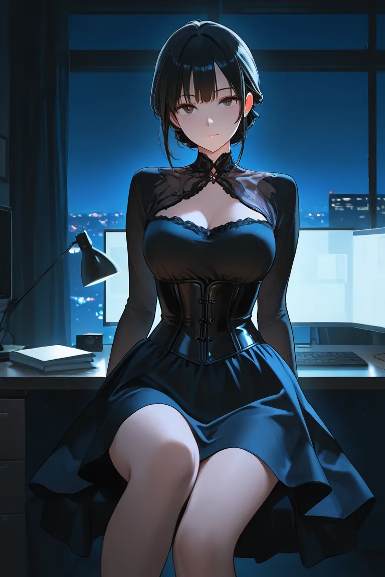 beautiful girl, straight hairstyle, bedroom eyes, dark black hair, attractive, top quality, masterpiece, cinematic shot, dark ambience, night time, dynamic pose, mysterious, wearing corset dress, sitting in front of an office desk