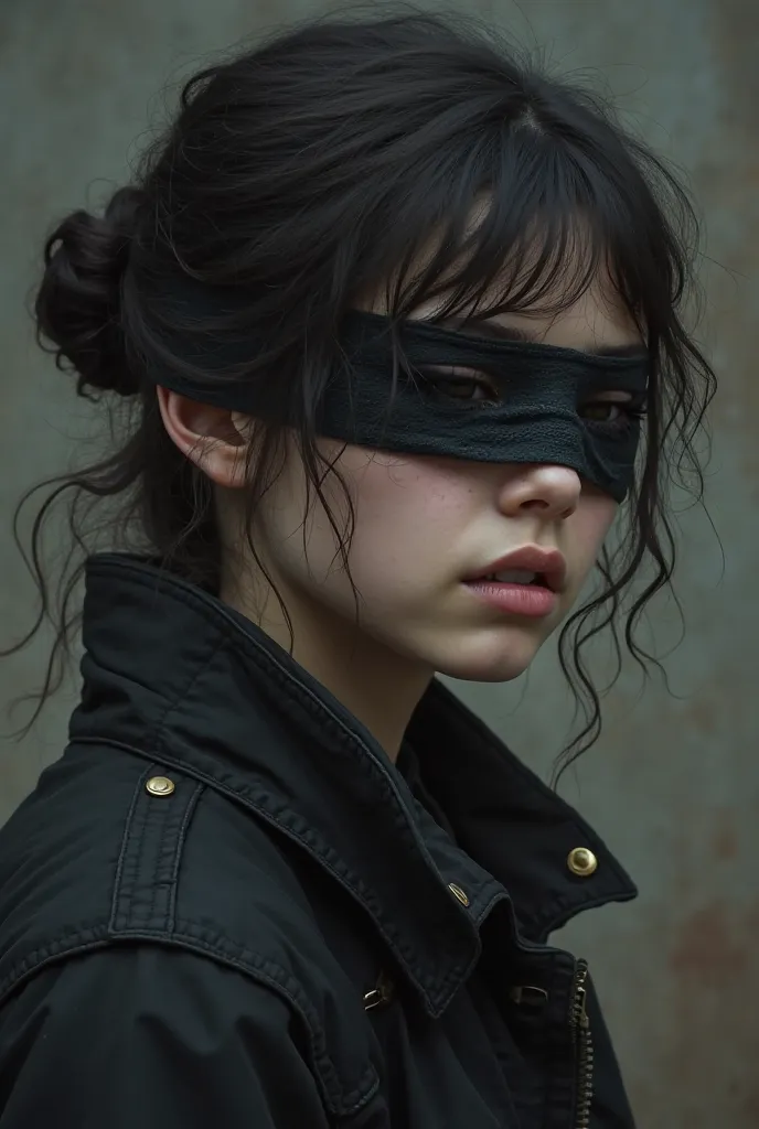 Girl 27 years old. Tired and pale. With dark, wavy hair and a small bun at the back. With a black bandage on the left eye that covers the eye and the burn. A jacket like in the guilds from various stories. In the image so that the head is visible to the sh...