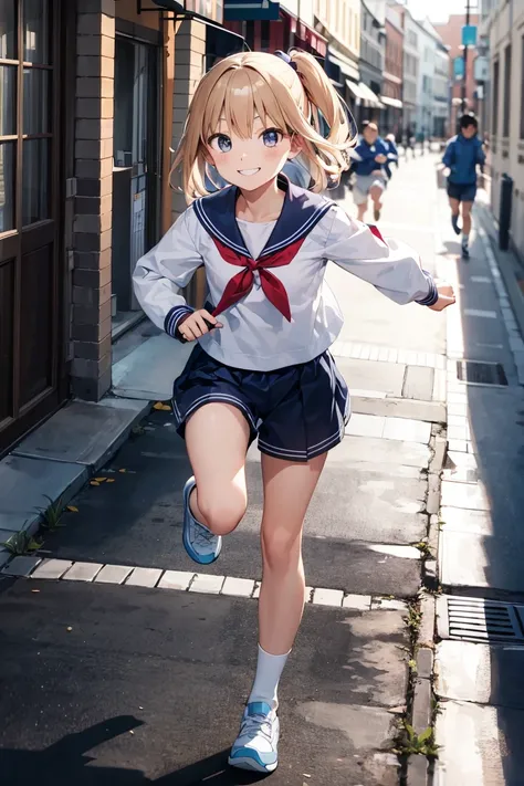 (masterpiece:1.8),(Best Quality:1.8),(4K:1.8),(8k:1.8),( Ultra Fine Illustration :1.2),random hairstyle,flat chest,sailor suit,( bloomers:1.5),(  pose with a smile:1.5),running,( full body angle)