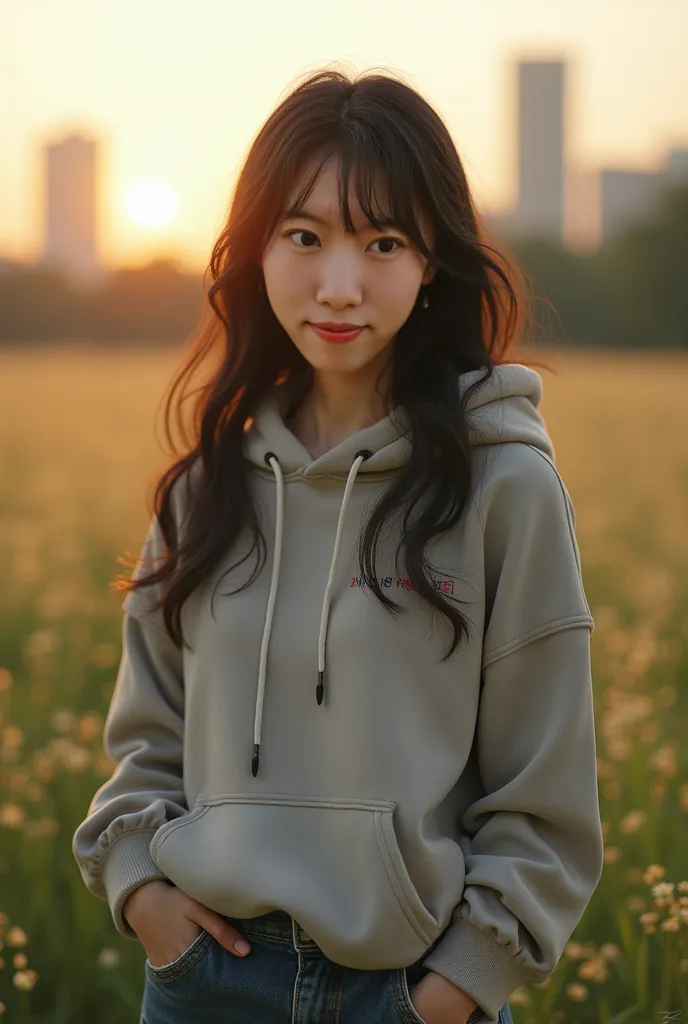 young beautiful woman, denim pants, hoodie, looking at me, smiling, black hair, embarrassed, high quality, detailed portrait, realistic, photorealistic, cinematic lighting, dynamic pose, intricate facial features, delicate skin texture, warm color palette,...