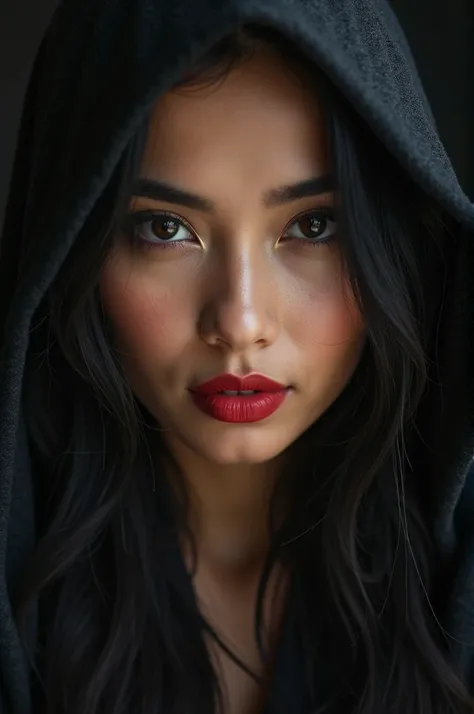  cool photography style , front facing,close-up ,in the dark,young and beautiful Sundanese woman,sharp stare ,Elegant Long Black Hair,Make up sensual,blush red lipstick,Wearing a hood Thin fabric,fose sexy in the dark,black background,ultra detail,best qua...