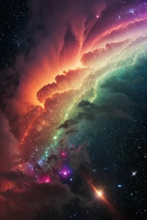 in space。star々Beautiful outer space with deep darkness and、in the distance。and mysteriously spreading out while emitting light、Purple、green、pink、colorful gas clouds rise fantastically, and {x} the vivid colors of orange are mixed。spreading、遠くのstar々galaxies...