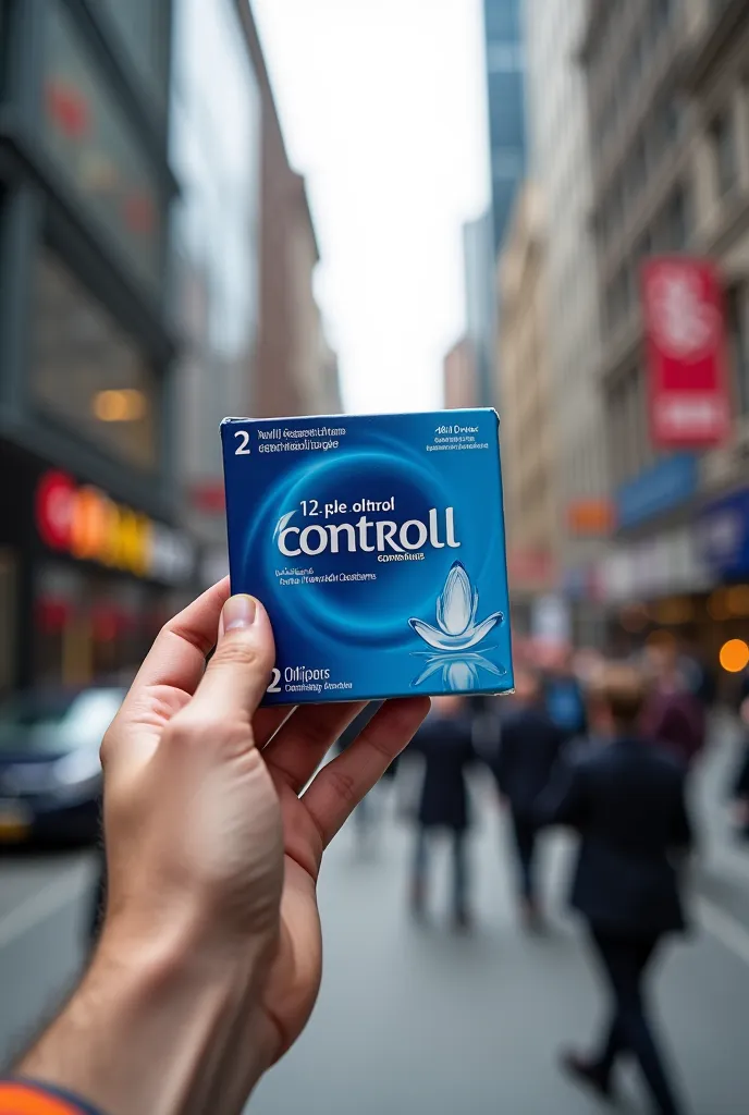 A hand holding 12-piece control condoms on the street