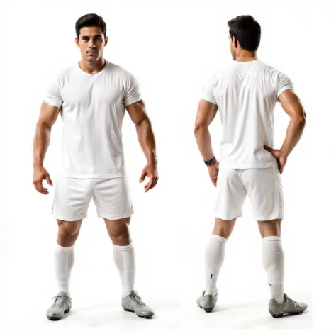 A Latino male soccer player with a well-built, muscular physique wearing a slightly tight white jersey and shorts, shown from three different angles: front, side, and back. His athletic frame, defined muscles, and toned build highlight his physical fitness...