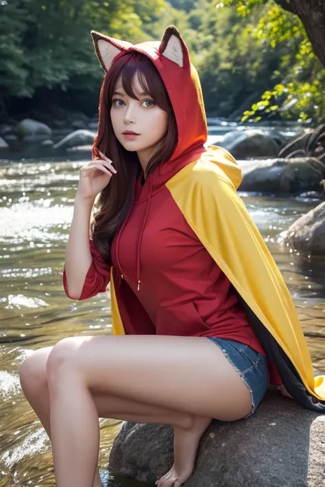 8k,  best quality, (Photorealistic:1.4),  RAW photo,  1 girl, Red Hair,  animal ears , Blue Hooded Cape,  beautiful face with a golden ratio ,  pose : Sitting on a rock in a forest river,  yellow eyes,  -