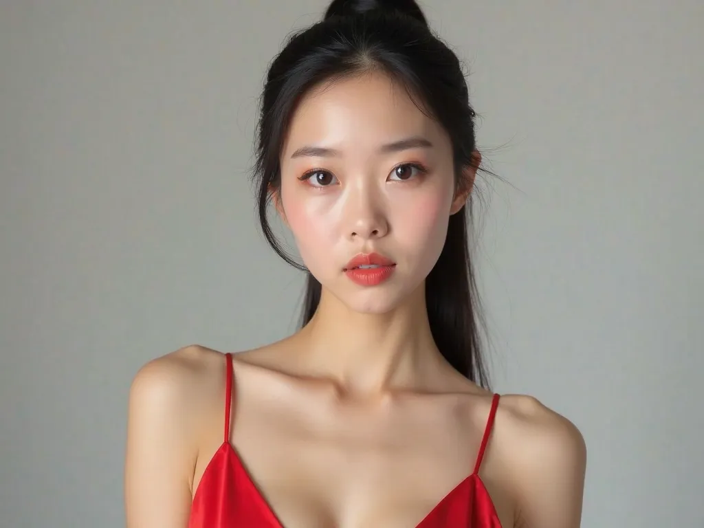 A hyper-realistic, ultra-detailed portrait of a 35-year-old East Asian woman with an elegant and alluring beauty. She has a well-proportioned oval face, a very high forehead that is fully visible, a high nose bridge with slightly wide nostrils characterist...