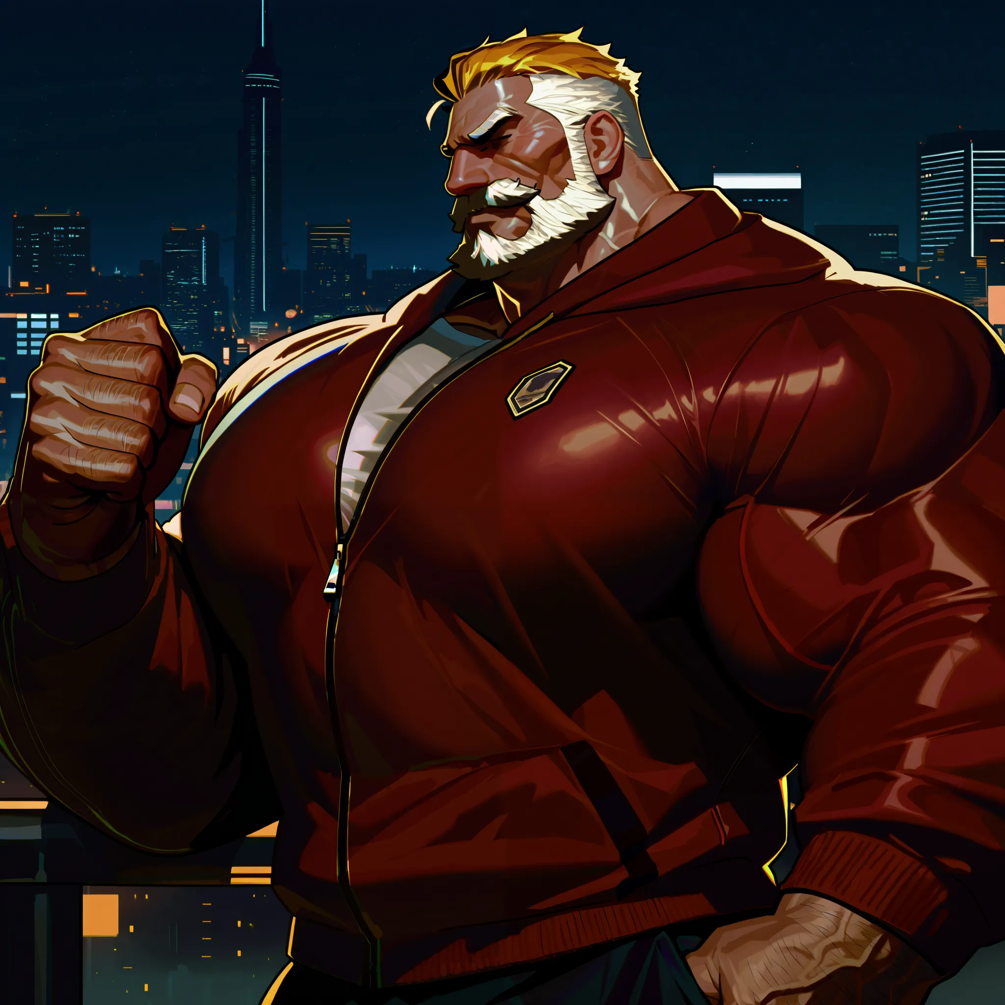 A huge muscular old man Wearing red jacket in night city, (old man (huge muscular, giga Chad, bara, big arm, biggest arm, biggest muscular, biggest chest , big chest, big pec, big bicep, extremely detailed muscle, short hair, white bearded, yellow hair, ma...