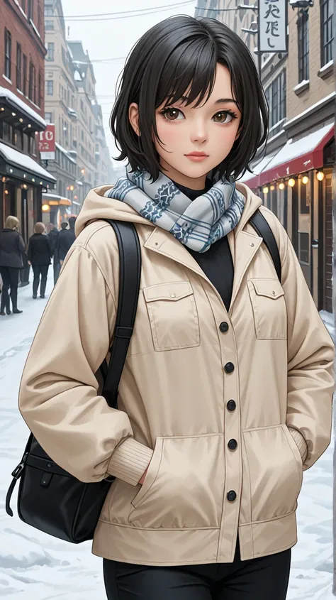 Masterpiece, Best Quality, Top Quality, Very Detailed, A melancholic anime-style girl with long black hair and deep brown eyes, standing in a snowy urban street. She wears a white button-up shirt with a black tie and carries a backpack. Her cheeks are slig...