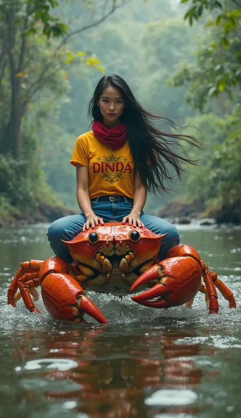 A majestic Southeast Asian woman long hair style , clean face,  wearing dark yellow 'DINDA' tshirt with red scarf, blue jeans, riding a giant golden-red crab on the crab's back. through a mystical river. The scene is set in a lush, misty jungle with green ...