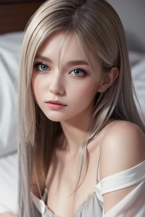 masterpiece,  top quality ,  more details, 8k, Detailed light, Detailed Shadows, born, ( detailed skin), (Genuine: 1.2),, 1. Scandinavian Girl, face, (), Gray Hair, Sleep in a comfortable bed,  Nightdress