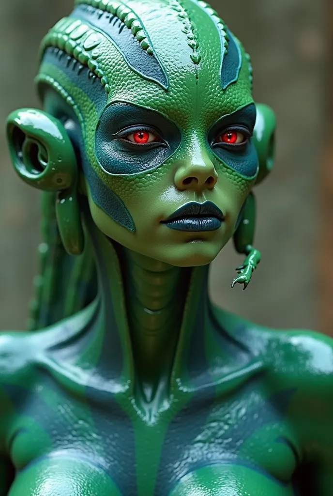 a close up of a person in a bodysuit with a green and blue paint, green skinned, hot reptile humanoid woman, female alien, snake woman hybrid, green body. red eyes, retrofuturistic female android, alien woman, green orc female, of a futuristic woman selk'n...