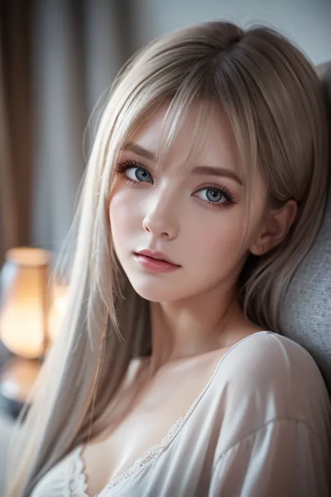 masterpiece,  top quality ,  more details, 8k, Detailed light, Detailed Shadows, born, ( detailed skin), (Genuine: 1.2),, 1. Scandinavian Girl, face, (), Gray Hair, Sleep in a comfortable bed,  Nightdress