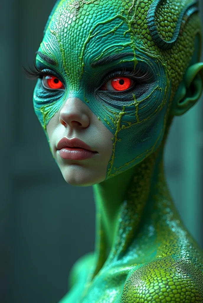 a close up of a person in a bodysuit with a green and blue paint, a raytraced image inspired by Gloria Stoll Karn, deviantart contest winner, digital art, green skinned, hot reptile humanoid woman, female alien, snake woman hybrid, retrofuturistic female a...