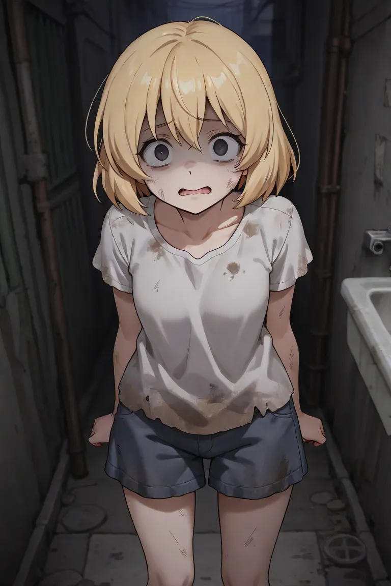 Anime , Vagrant Girl, Dirty Stains, Simple Shirt with No Ornaments or Patterns and Dirty Vagrant Trousers, Long Blonde Sinks Into the Ground in a Dark Back Alley Is Disheveled, Dull, and Dirty, Dark Eyes, Scared Face, No Erotica