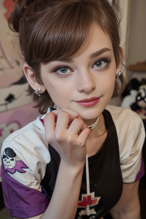 Girl with short light brown hair , short hair , beautiful age woman, Beautiful woman , Photo of a beautiful ager , Nice smile  ,cute makeup , purple eye shadow   , beautiful age girl , 1  , cute makeup , small nose ,freckles on cheeks and nose, Red lips  ,...