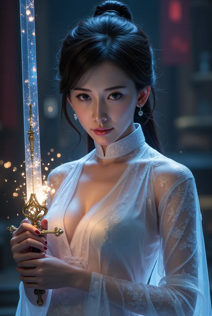 (looking at viewer, facing viewer), digital art ilustration, depth of field, cinematic light, chiarosaurio, mist, particles, sparks,reflections, a female Chinese princess (Disney princess, Dilraba Dilmurat), long straight ponytail hair, holding ancient god...