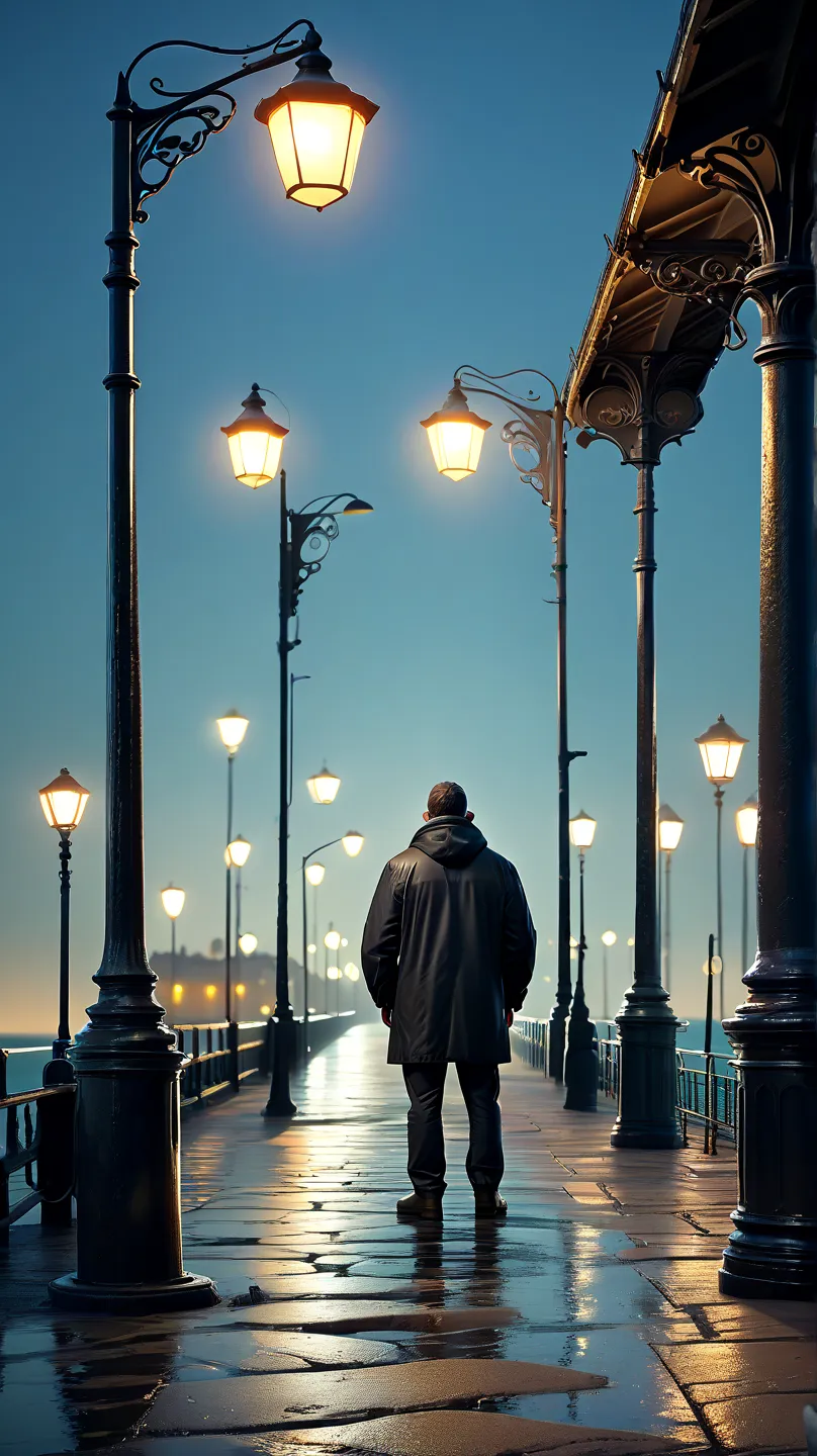 1 humongous man, standing under the street lamp on a deserted piers, depth of field, first-person view, f/1.8, 135mm, Nikon, UHD, retina, masterpiece, accurate, anatomically correct, textured skin, super detail, high details, high quality, best quality, hi...