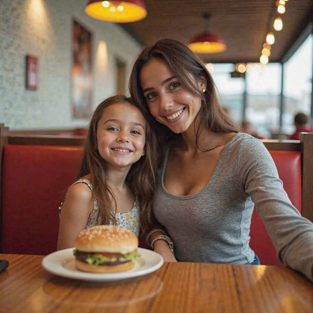 real photo. a female, 33 years old, european, young adult, slim body, small breasts, brunette hair. The girl is very skinny.  in a very short skirt,  grey long sleeve tank top.   Sits at the table with her  daughter in Mac Donald's. Selfie on the phone's f...