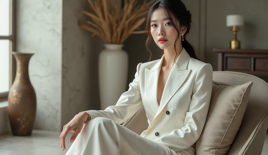 woman sitting on a chair in the room，There are vases inside, wearing White suit, Ancient Chinese woman, Girl in a suit,Sexy，enchanting，Exposes most of the skin， wearing a white tuxedo, White suit, Girl in a suit, Deluxe Set, Stunning and elegant pose,  wea...