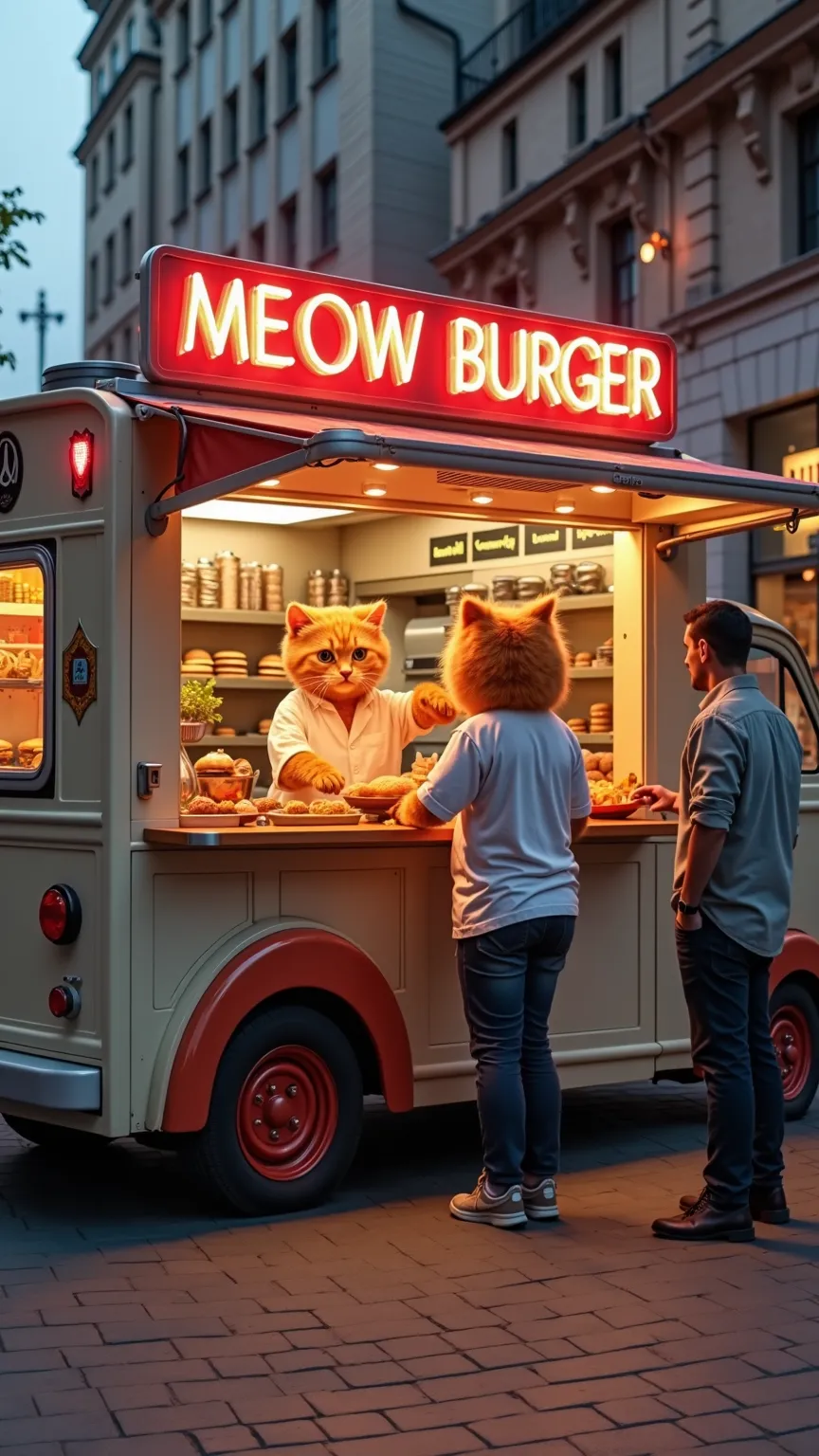 shot from across the street a of a high class super luxury brand watch and jewelry store in a mid day lit street where a  orange cat (wearing a  white shirt ) is serving a man   next to a   burger truck , the burger truck says a neon sign: "MEOW BURGER" on...