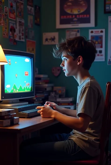 Image of a young man playing video game in the 90s