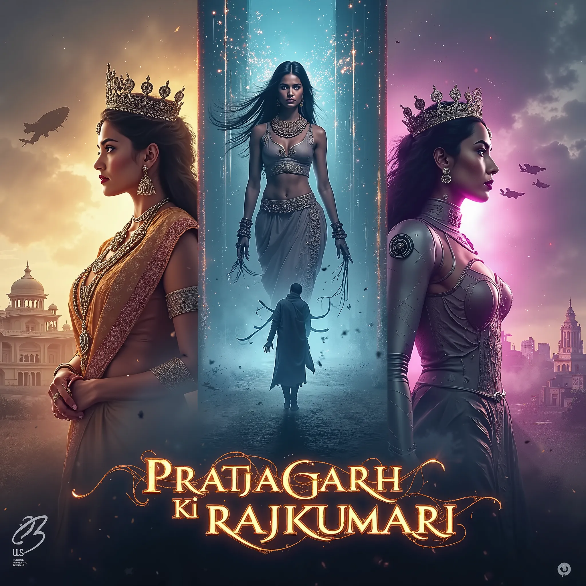 "Create a visually striking movie poster for 'Pratapgarh ki Rajkumari,' a sci-fi crime fantasy series that spans three eras—past, present, and future. The central figure is Rajkumari Shree, depicted in three different forms, representing her journey throug...