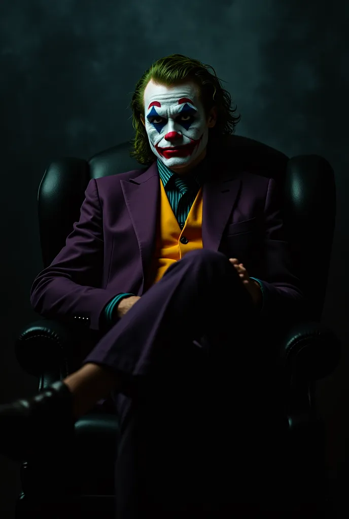 The Joker man sits in a chair and smiles and looks ahead at the Joker in the movie, Joker is wearing a suit, dark background space, HD, high saturation, and looks ahead 