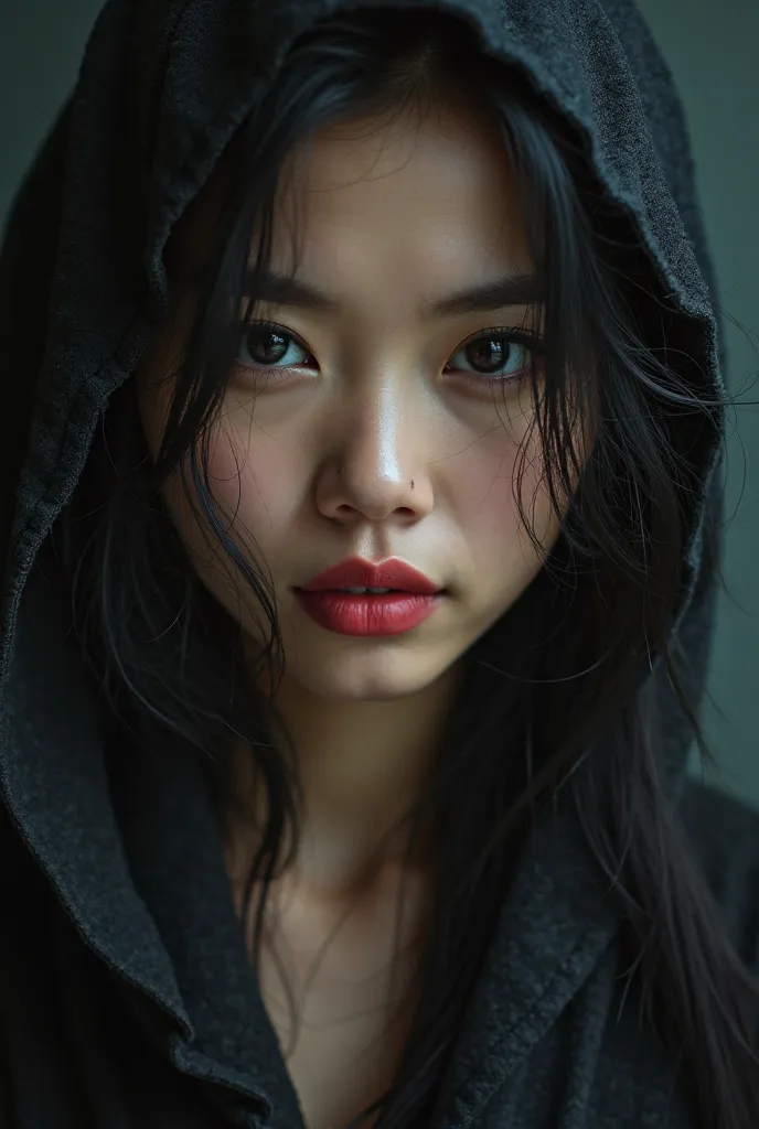  cool photography style , front facing,close-up ,in the dark,young and beautiful Sundanese woman,sharp stare ,Elegant Long Black Hair,Make up sensual,blush red lipstick,Wearing a hood material Transparent thin fabric,  ,windswept ,fose sexy in the dark,bla...