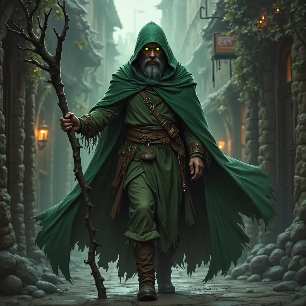 a middle aged elf man with pointed features dark hair. in a green hooded cloak and cape. a green scarf obscuring his face. his eyes glowing green. holding a gnarled staff. his cape held out like wings.  walking through a dark city laneway, dark fantasy cha...