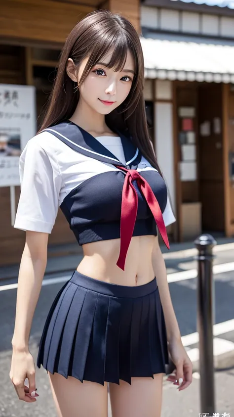 ((masterpiece)), (( top quality)),    photos,  4/5 top body portraits ,　Japan、 Wearing a sailor uniform、The Most Beautiful Girl,    very slim、  slender figure、realistic、 Slim waist、BIG ROUND BREASTS,  detailed skin, detailed eyes