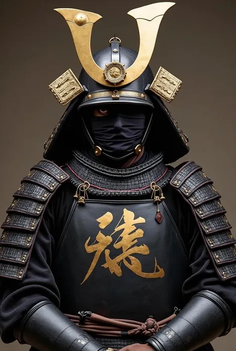 General Ida Shogun of the War、 Black Shiny Armor 　A golden new moon on a black helmet、wearing a black blindfold over one eye、full body