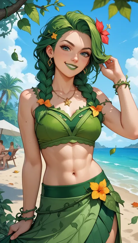 High-quality, High resolution, masterpiece, beach background, woman, smirk, leaf midriff, green hair, flowers on hair, long braid, big leaf skirt, vines warp on skirt, green lips, vines on shoulderpads, leaf on shoulder, vines on body, leaves cover chest, ...