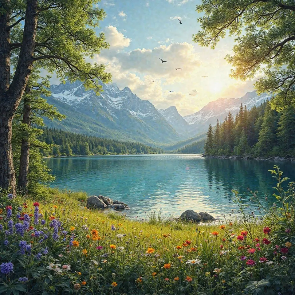 A breathtaking nature scene featuring a lush green forest with towering trees, a serene crystal-clear lake reflecting the sky, and rolling hills in the background. The sunlight filters through the leaves, creating dappled light on the forest floor. In the ...