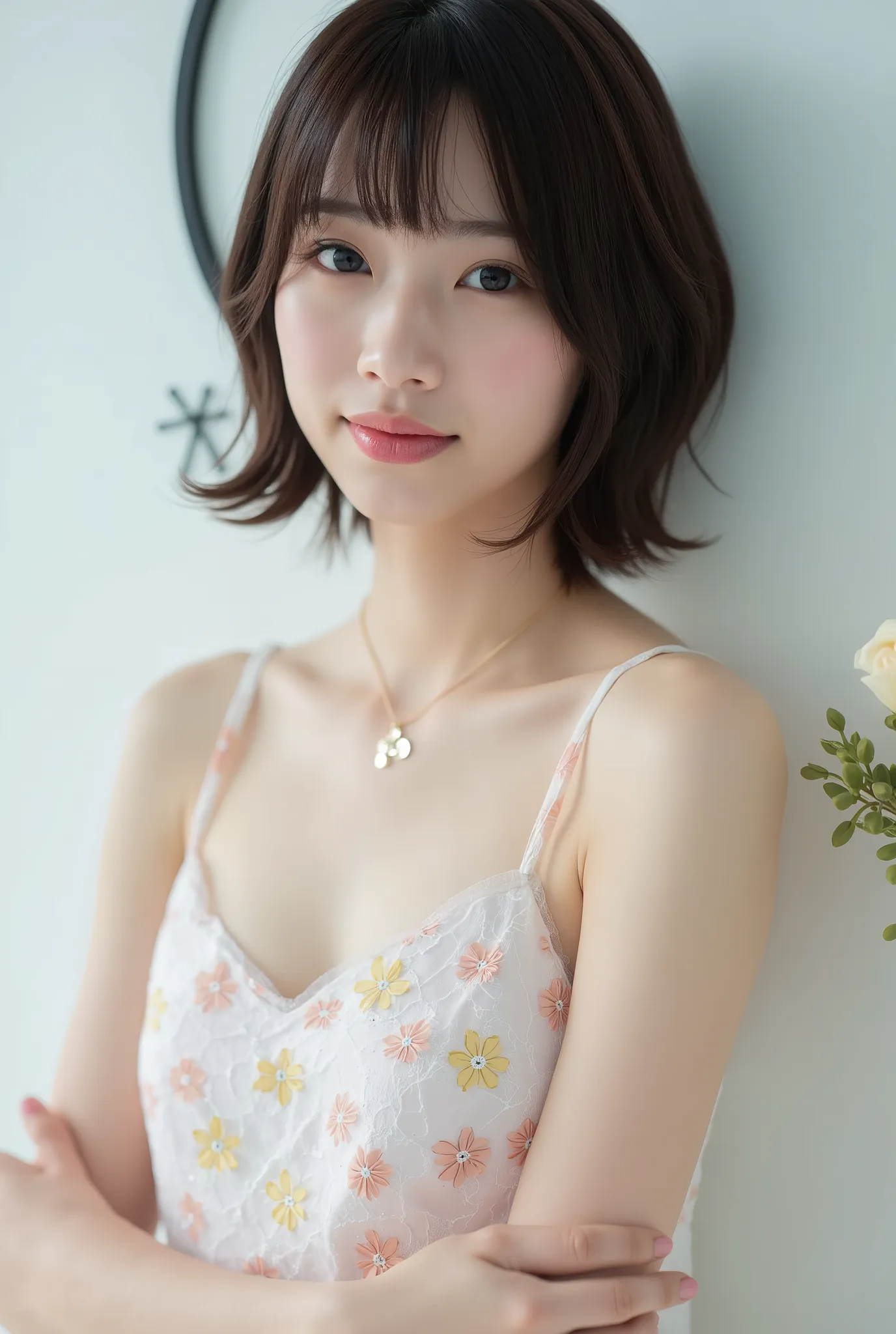 Create a portrait of a stunning Japanese idol girl, styled for a fashion magazine gravure shoot. She has a slender physique with a small bust and slim legs, featuring short hair. The outfit should reflect a spring-themed look, embodying freshness and elega...