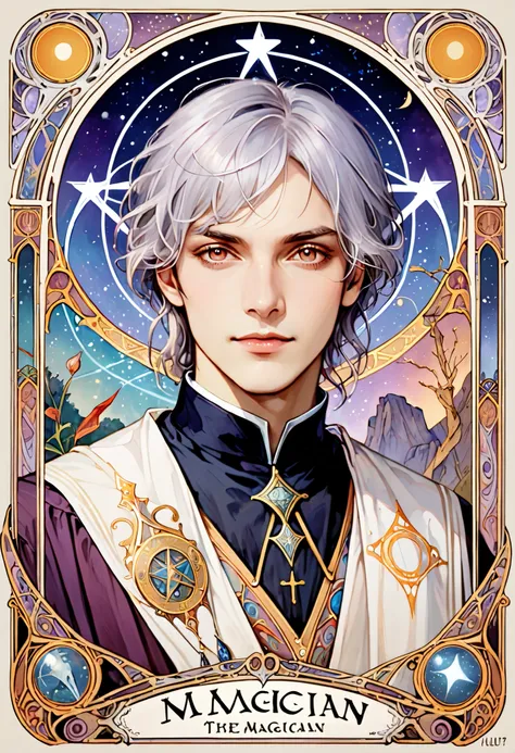 (absurdres, highres, ultra detailed), 1 male, Silver hair, Brown eyes, Silver lashes, Looking at the camera, Hogwarts Uniform (finely detailed), finely detailed eyes and detailed face, the magician \tarot\, Symbolism, Occult, Universal, Philosophical, Icon...