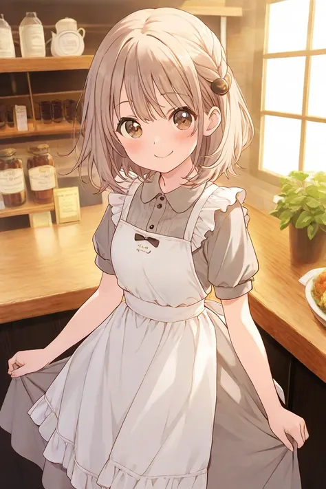 cute女の子、Cafe、Cafeの店員、I'm serving customers、 is wearing an apron、お洒落なCafe、smile、cute、 hair is long、light brown hair、 eyes are brown 