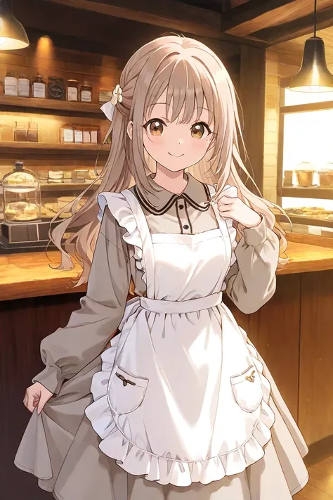 cute女の子、Cafe、Cafeの店員、I'm serving customers、 is wearing an apron、お洒落なCafe、smile、cute、 hair is long、light brown hair、 eyes are brown 