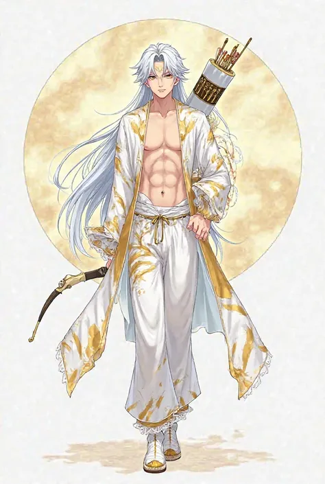 A male anime character with long white hair and gold jewelry on his head, wearing a white shirt with a gold pattern, unbuttoned two zig-pack buttons, white pants with gold pattern, white Chinese shoes with a gold pattern, armed with an arrow box Behind wit...