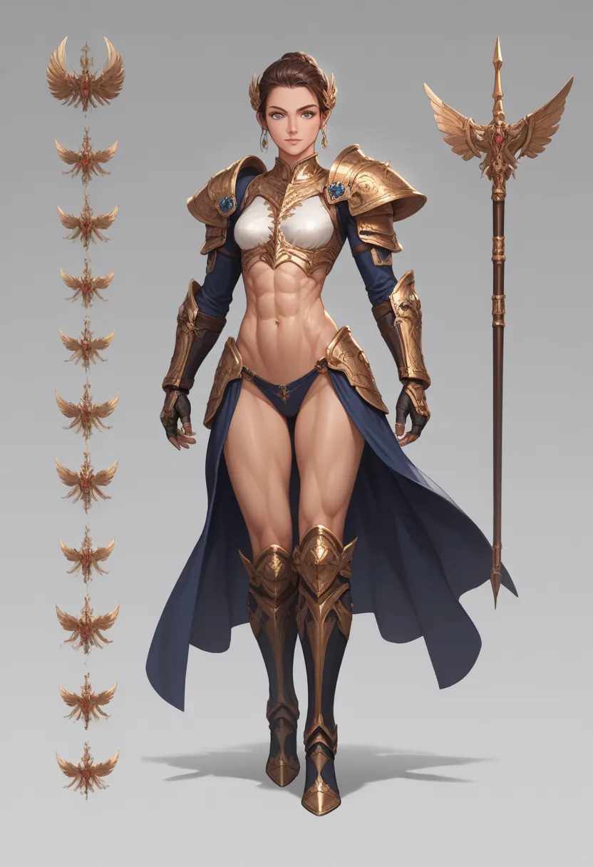 Character sheet , 1 GIRL, High Resolution , full body, (masterpiece:1,2), best quality, BEAUTIFUL girl, perfect and detailed, (Muscular:1.3), (skinny:1.6), a fierce-looking female warrior with bold, angular armor and a flowing cape, This one is Kara, a pow...